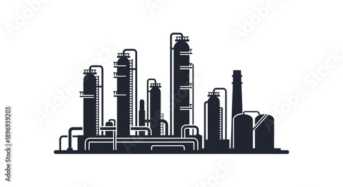 Industrial Refinery Complex with Tall Towers and Storage Tanks.
