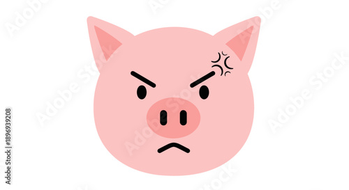 Cartoon Angry Pink Pig Face with Furrowed Brows Expression.