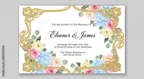 Elegant Floral Wedding Invitation Card with Gold Frame.