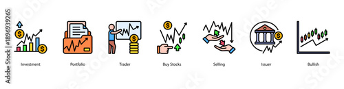 Investment Strategies web banner icon vector illustration featuring Investment, Portfolio, Trader, Buy Stocks, Selling, Issuer, and Bullish.