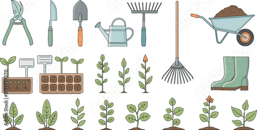 Large collection of gardening tools with wheelbarrow watering can rubber boots pruners rake and seedling trays in flat line art style isolated