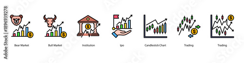 Market Trends web banner icon vector illustration featuring Bear Market, Bull Market, Institution, IPO, Candlestick Chart, Trading, and Trading.