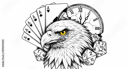 Eagle Head with Playing Cards and Clock.