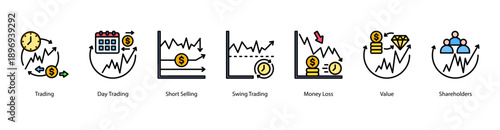 Trading Techniques web banner icon vector illustration featuring Trading, Day Trading, Short Selling, Swing Trading, Money Loss, Value, and Shareholders.