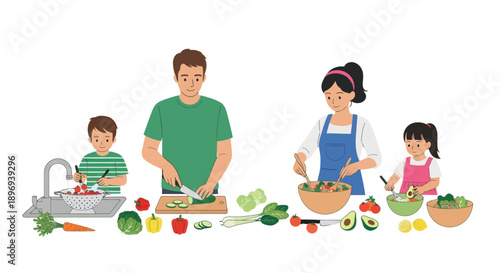 Family Cooking Healthy Meal Together Preparing Fresh Vegetables in Kitchen.