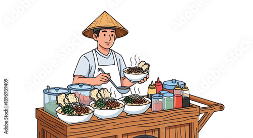 Indonesian Street Food Vendor Serving Bakso Noodles.