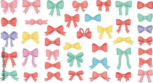 Large collection of hand drawn colorful bows and ribbons in cute flat style with pastel colors isolated