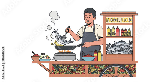 Male Chef Cooking Fresh Fish in Wok on Street Food Cart.