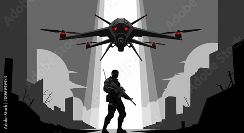 Drone Flying Above Soldier in Combat Zone.