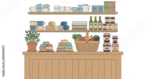 Artisanal Shop Counter with Shelves of Homeware Fresh Produce and Jars.