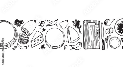 Food and kitchen utensils vector illustration, for banner or poster, isolated 