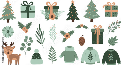 Large collection of hand drawn winter holiday elements with decorated Christmas trees reindeer gift boxes sweaters and botanical evergreen branches in modern boho style isolated on white background