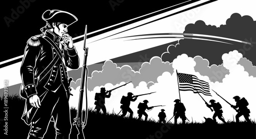 American Revolutionary Soldier with Rifle and Flag.