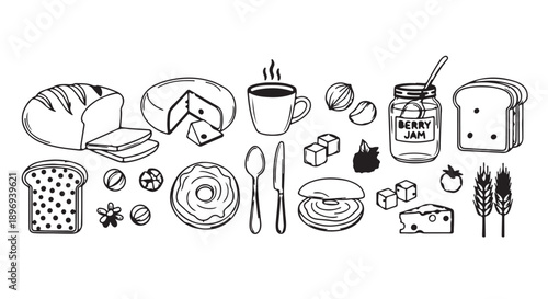 Vector illustration of assorted breakfast foods and utensils, including bread, pastries, coffee, jam, cheese, and cutlery, for menu or advertisement design, Isolated 
