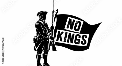 Revolutionary Soldier Holding No Kings Flag.