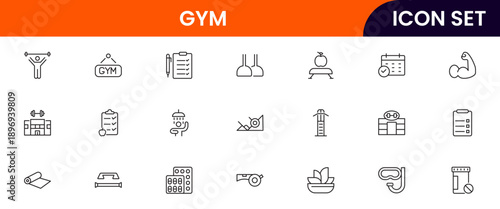 Gym icons depicting fitness, exercise, workout equipment, dumbbells, treadmills, yoga, strength training, health, wellness, cardio, personal training, motivation, stretching
