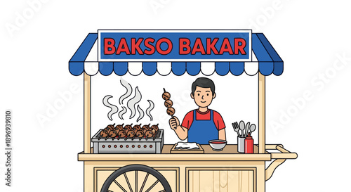 Bakso Bakar Cart with Vendor and Grilled Meatballs on a Skewer.