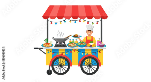 Colorful Street Food Cart with Chef Cooking and Serving Dishes.