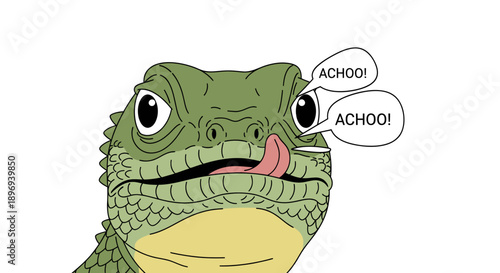 Cartoon Lizard Sneezing with Tongue Out and Speech Bubbles.