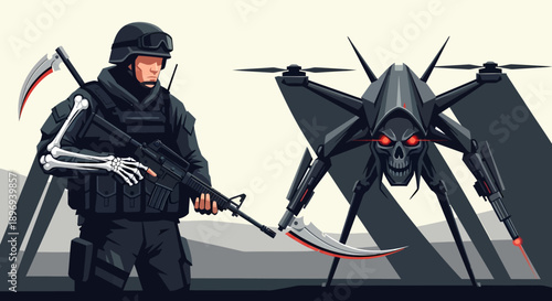 Futuristic Soldier and Drone Illustration.