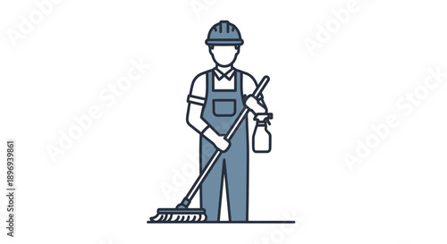 Professional cleaner icon with broom and spray bottle.
