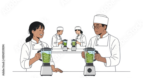 Chefs preparing healthy green smoothies using blenders in a kitchen setting.