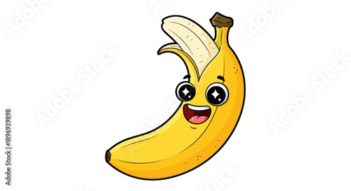 Cartoon Banana with Smiling Face and Partially Peeled Peel.