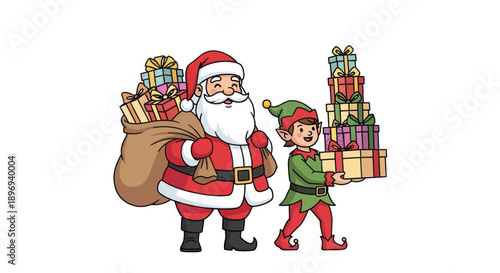 Santa Claus and Elf Delivering Christmas Gifts.