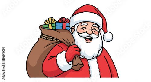 Cheerful Santa Claus carrying a sack full of gifts wearing his iconic red suit and hat.