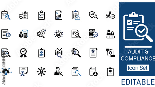  Audit and compliance solid icon set featuring GDPR, cybersecurity, risk management, and data privacy symbols. Solid vector icons for financial audit and regulatory compliance