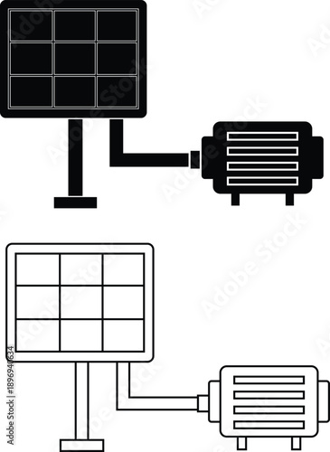 Solar powered water pump system. Solar water pump sign. Water pump station and solar energy symbol. Machine with system technology for agricultural farm. flat style.