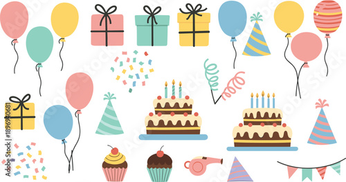 Collection of hand drawn birthday party elements with colorful balloons cakes gift boxes party hats and confetti isolated