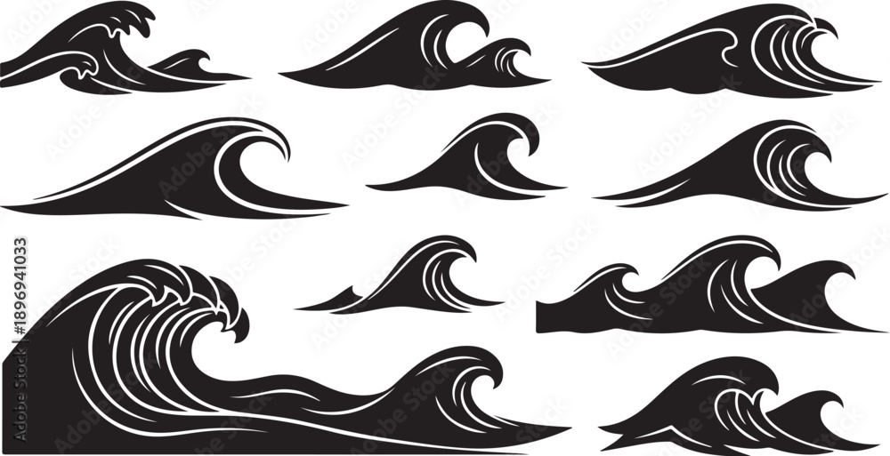 Fototapeta premium Collection of various wave silhouettes in black and white