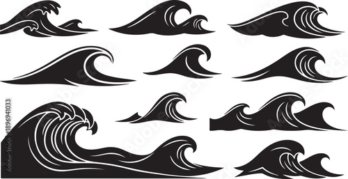 Collection of various wave silhouettes in black and white