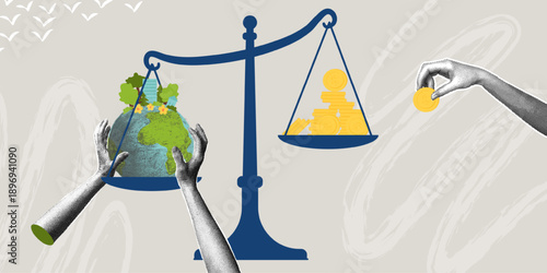 The balance of nature and economics. Trendy halftone collage. Ecology and environmental protection concept.