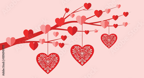 Beautiful hanging hearts on a tree branch for Valentine's Day
