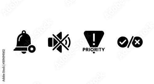Notification Management and System Alert Icon Set Representing Notification Settings Muting High Priority and Binary Success or Failure Outcomes