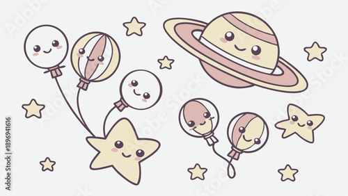 Cute Kawaii Space Balloons Stars and Saturn Planet Sticker Set for Nursery Decor Party Invitations Kids Branding