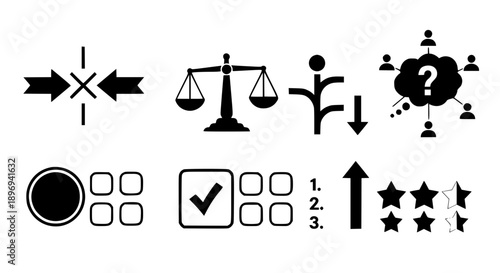 Conceptual Business and Evaluation Icon Set Representing Decision Making Conflict Resolution Rating Scales and Selection Processes