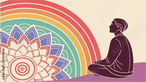 Meditating Person Silhouette Against Rainbow and Mandala for Yoga Wellness Retreat Promotion or Spiritual App Design