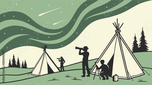 Astronomy Camping Adventure Stargazing Under Northern Lights Sky for Travel Blog Web Design or Outdoor Adventure Promotion