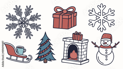 Cozy Winter Holiday Icons Set Sleigh Snowman Fireplace Christmas Tree Gift Box Design Element for Seasonal Greeting Cards Web Banners