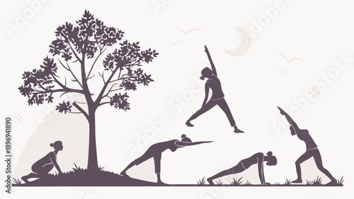Silhouetted Woman Practicing Diverse Yoga Poses Outdoors Near Tree for Wellness Website Design and Fitness Promotion
