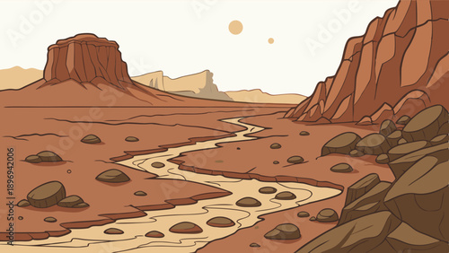Arid Desert Canyon Landscape with Winding River Bed for Travel Brochures Gaming Backgrounds or Western Themes