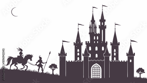 Medieval Knight on Horse Arriving at Dark Castle Silhouette for Fantasy Storybook Design or Adventure Game UI Background