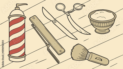 Vintage Barber Shop Tools Collection Shaving Cream Brush Straight Razor Scissors for Salon Service Design