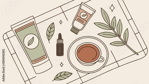 Minimalist Skincare and Wellness Tray with Tea Cup Botanical Leaves for Beauty Blog Web Design Layout Calm Self Care Routine (159 characters)