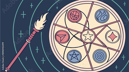 Mystical Magic Orb Staff Ritual Circle for Occult Gaming App Design or Fantasy Web Banner Background