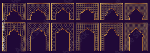 Islamic geometric arch designs showcasing traditional arabesque patterns in varied styles