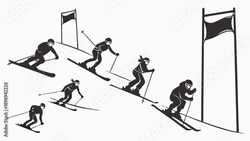 Dynamic Ski Racers Competing Downhill Slalom Course for Winter Sports Promotion and Event Advertising